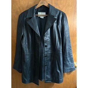 Vintage 90s Black 100% Leather Trench Coat Jacket Y2K Tie Mcbling Mall Goth Boxy